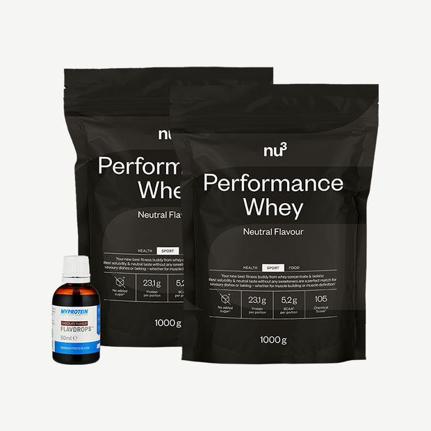 nu3 Whey Performance, Neutre + MyProtein FlavDrops, Chocolat