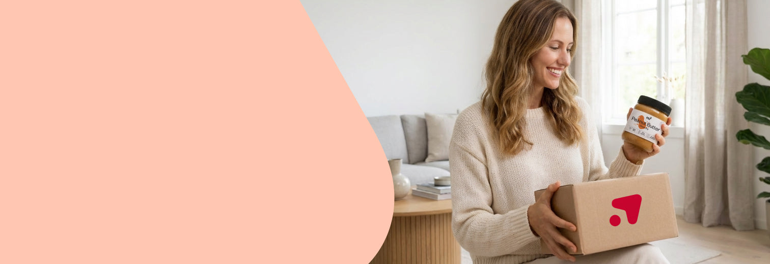 Femme avec un colis Redcare Apotheke et du beurre de cacahuète nu3