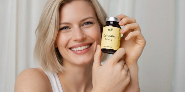 Femme blonde souriante tenant une boîte de nu3 Curcuma Forte dans ses mains à côté de son visage