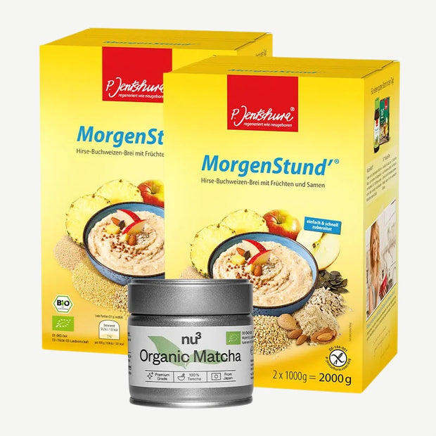 2 x P.Jentschura Reveil du Matin de Purée de Millet, Sarrasin + nu3 Thé Matcha bio